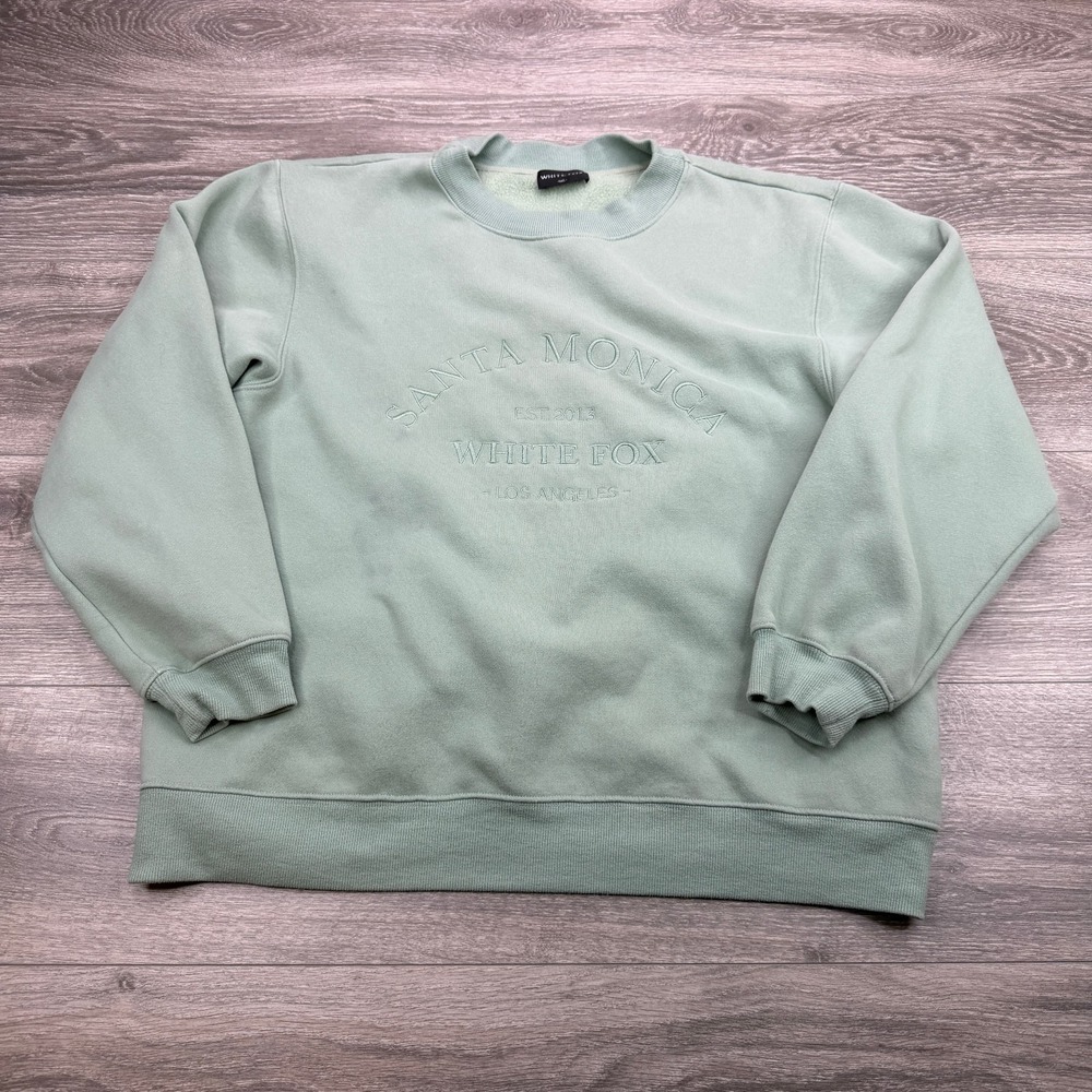 White Fox Sweatshirt Womens M/L Mint Green Boxy Fleece Crew Oversized Spellout